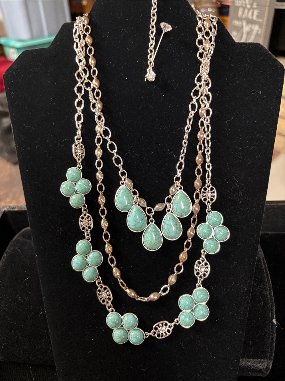 Turquoise Multi-Strand Stone Pendant Necklace - Silver hematite